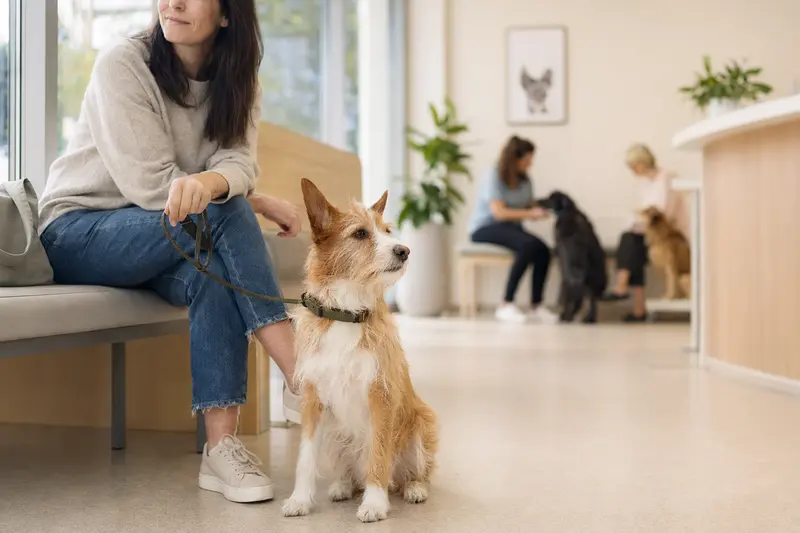 Ein Podengo Pequeno sitzt ruhig neben seinem Besitzer im hellen Wartezimmer einer modernen Tierarztpraxis.